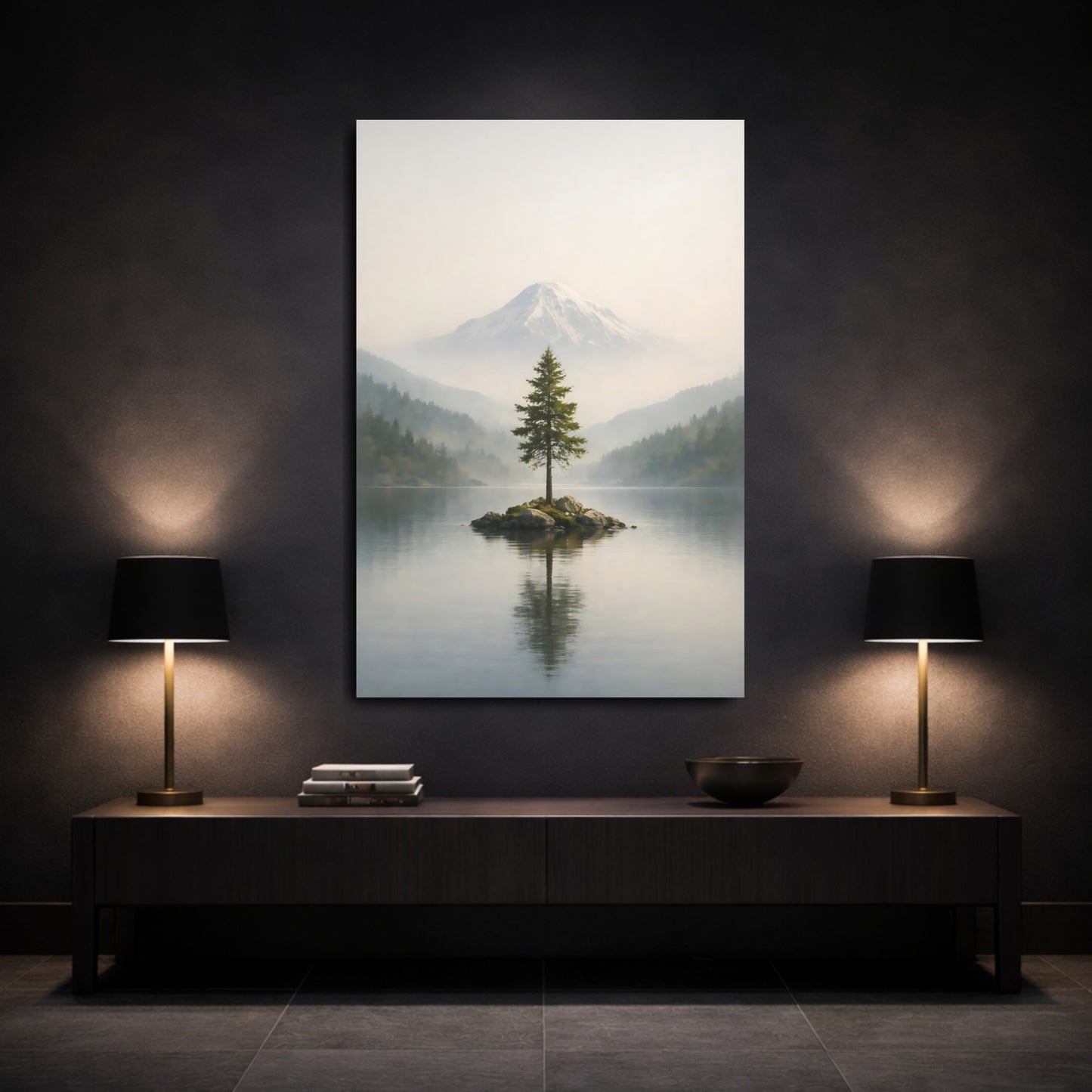 Mockup 2. Nature Pine Tree Green And Gray Landscape shown as stretched canvas wall art