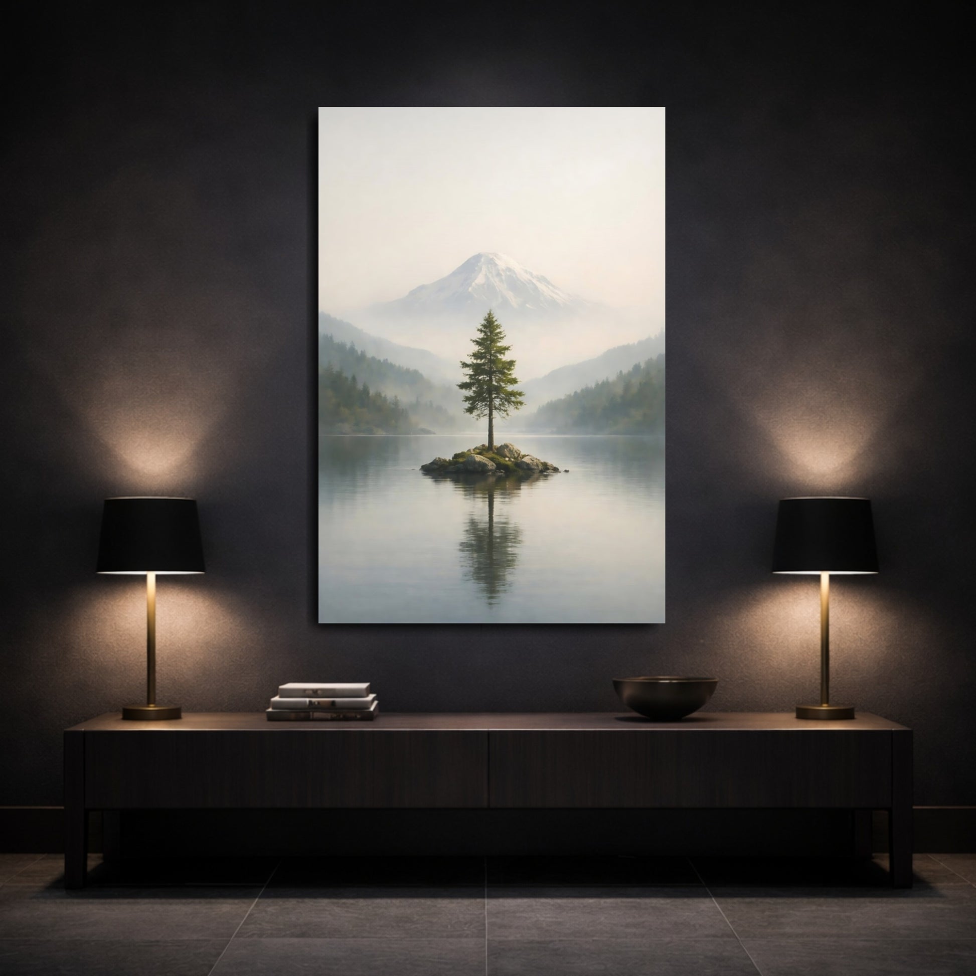 Mockup 2. Nature Pine Tree Green And Gray Landscape shown as stretched canvas wall art
