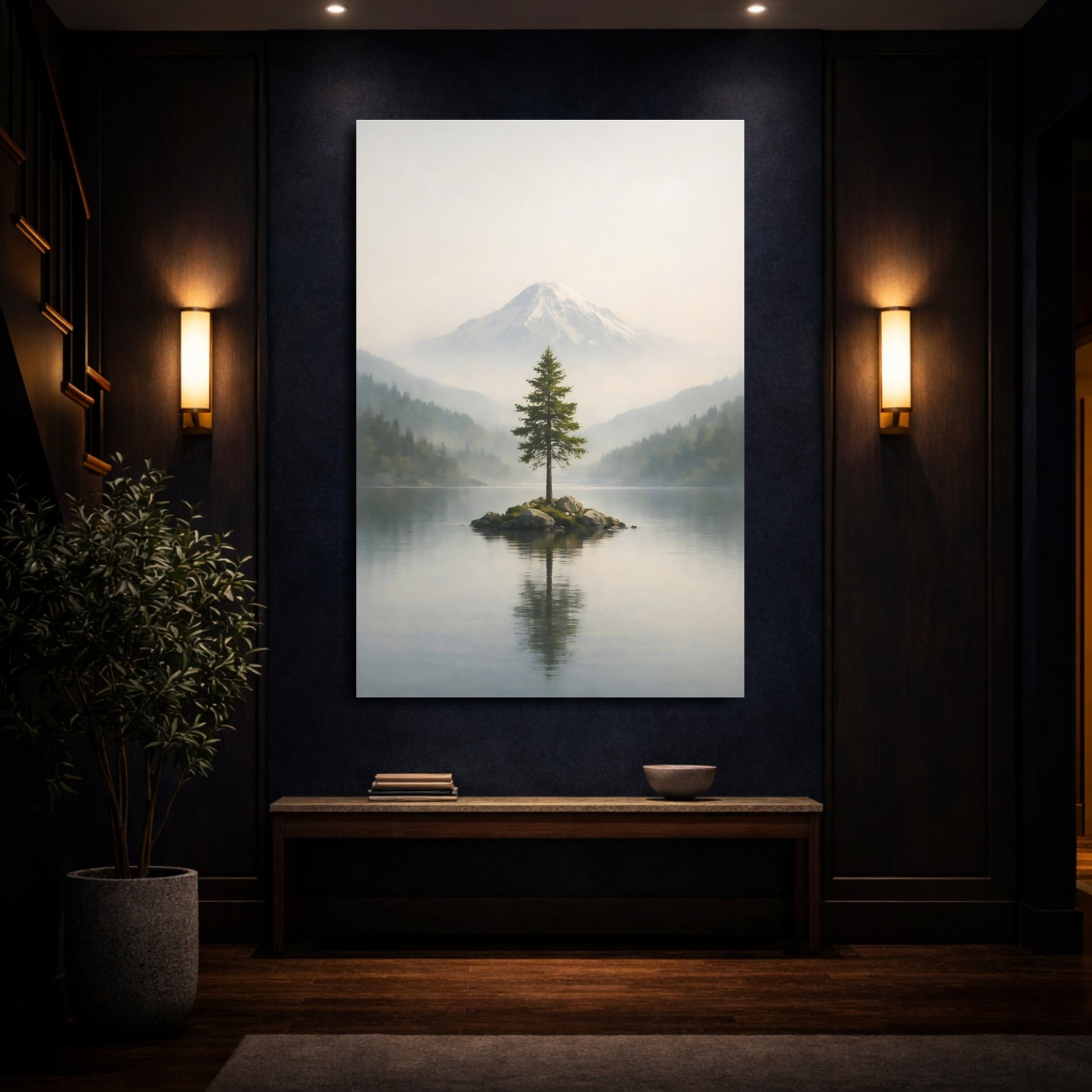 Mockup 3. Nature Pine Tree Green And Gray Landscape shown as stretched canvas wall art