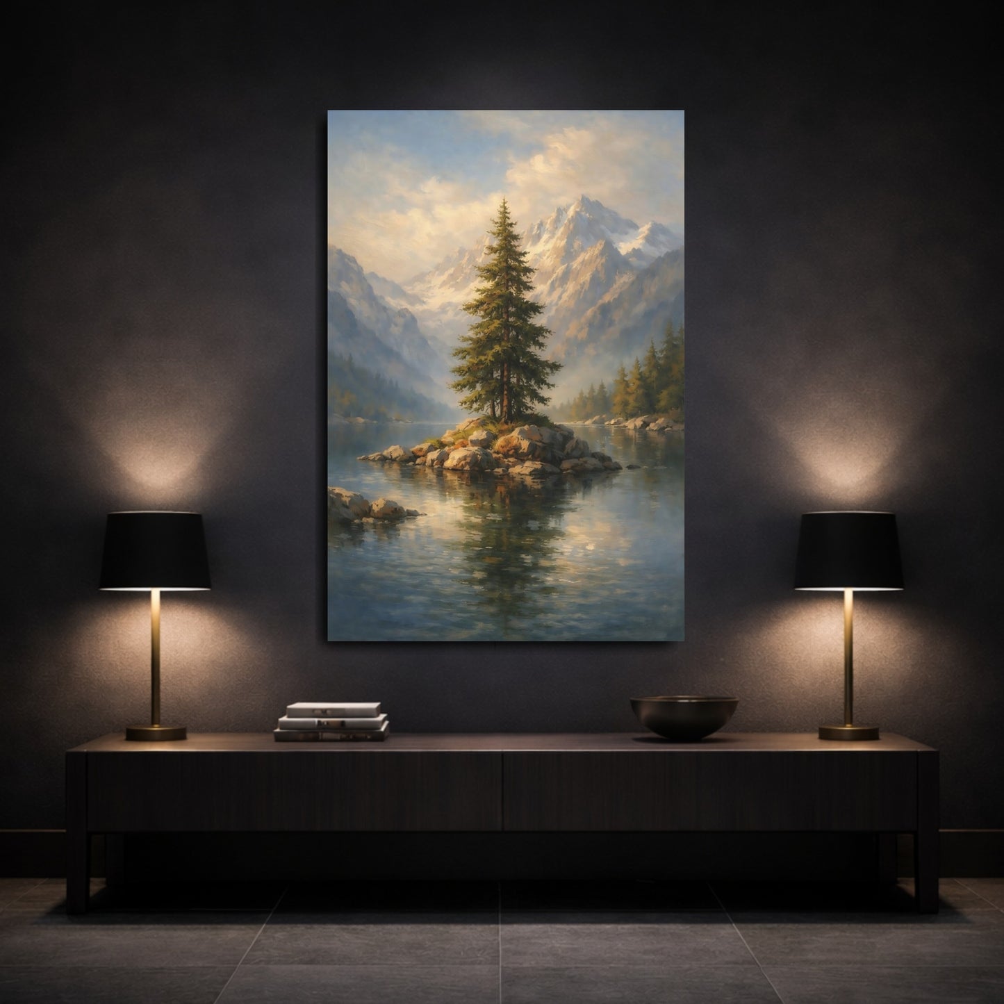 Mockup 2. Nature Pine Tree Green Blue Landscape shown as stretched canvas wall art