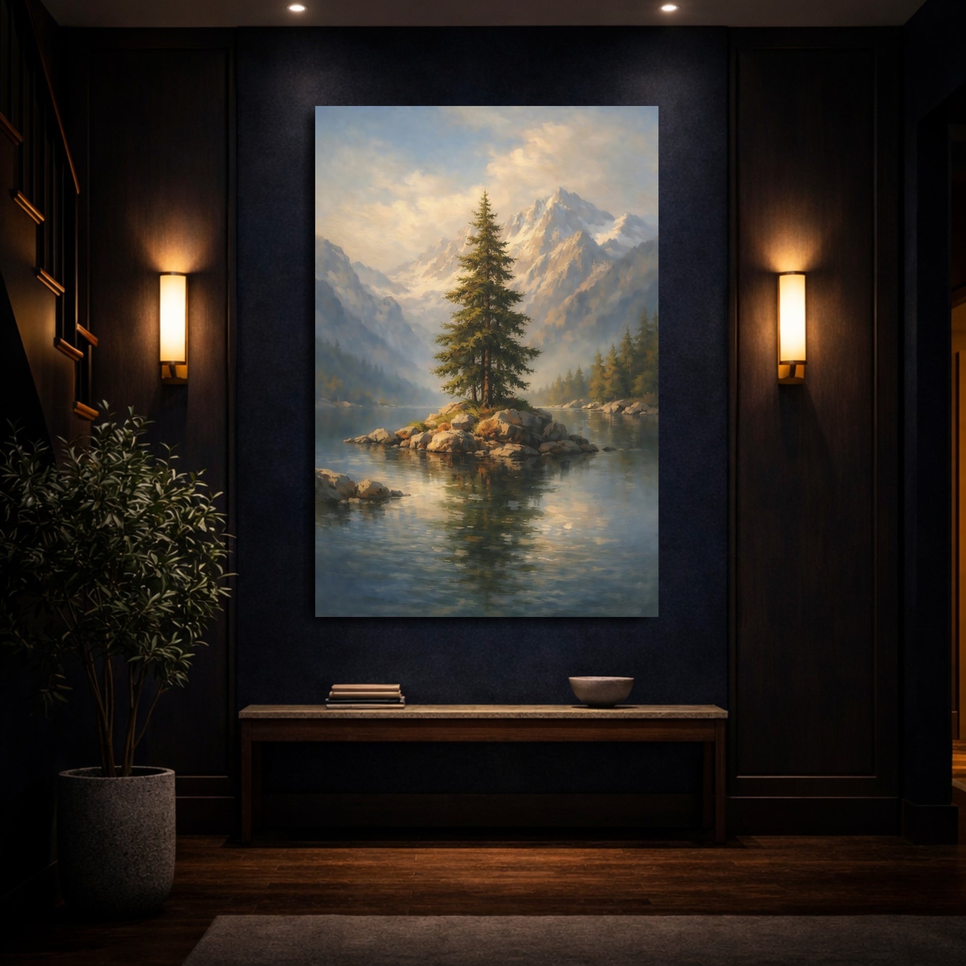 Mockup 3. Nature Pine Tree Green Blue Landscape shown as stretched canvas wall art