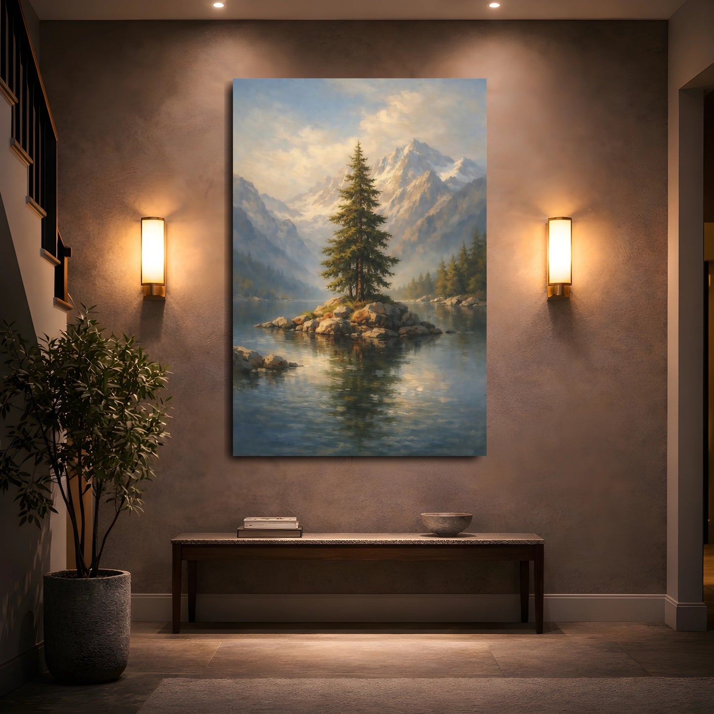 Mockup 4. Nature Pine Tree Green Blue Landscape shown as stretched canvas wall art