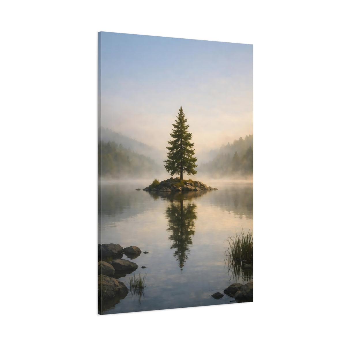 Nature Pine Tree Misty Lake Tree shown as stretched canvas wall art