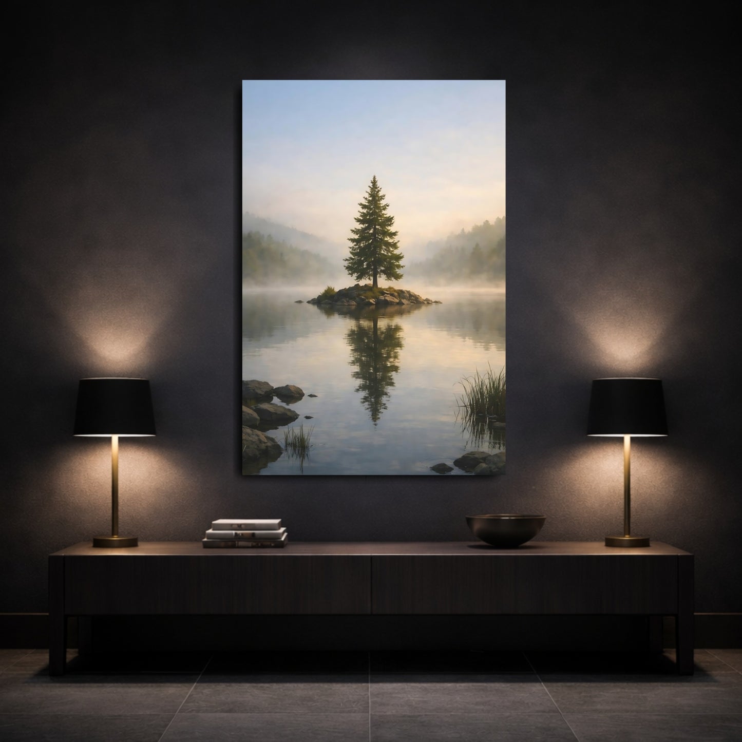 Nature Pine Tree Misty Lake Tree shown as front canvas room wall art