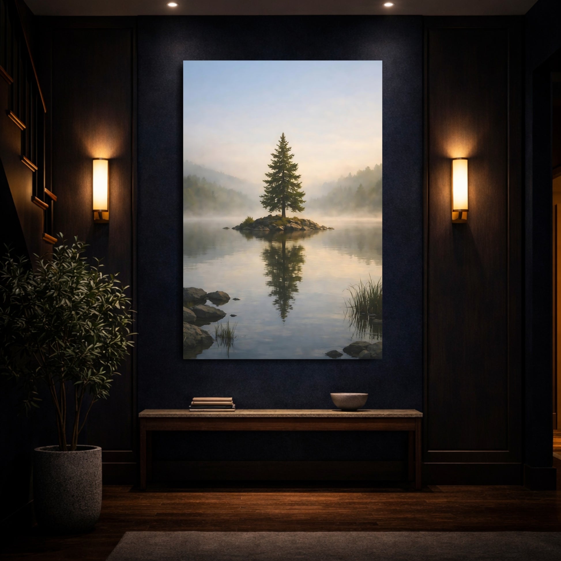 Nature Pine Tree Misty Lake Tree shown as front canvas room wall art