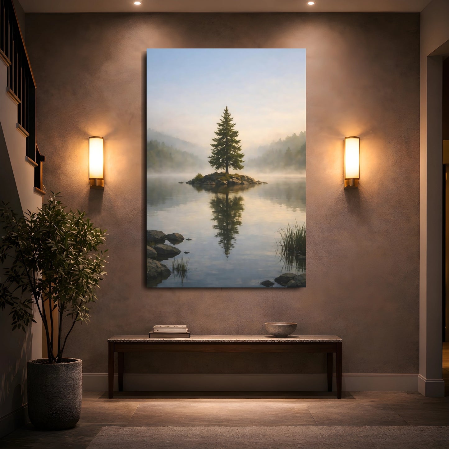 Nature Pine Tree Misty Lake Tree shown as front canvas room wall art
