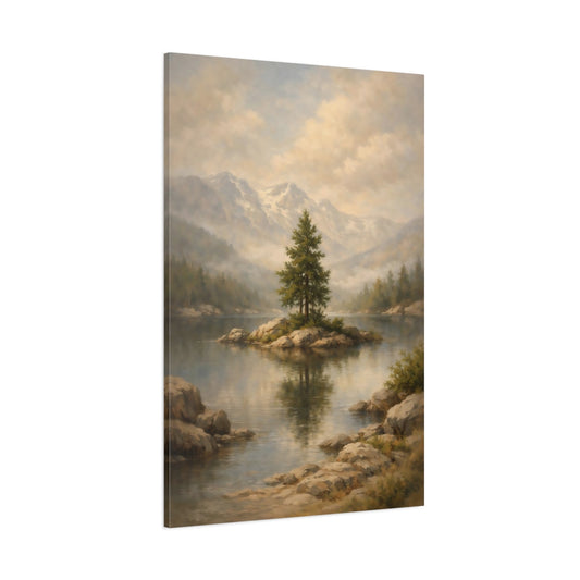 Main Mockup. Nature Pine Tree Misty Mountain Lake shown as stretched canvas wall art