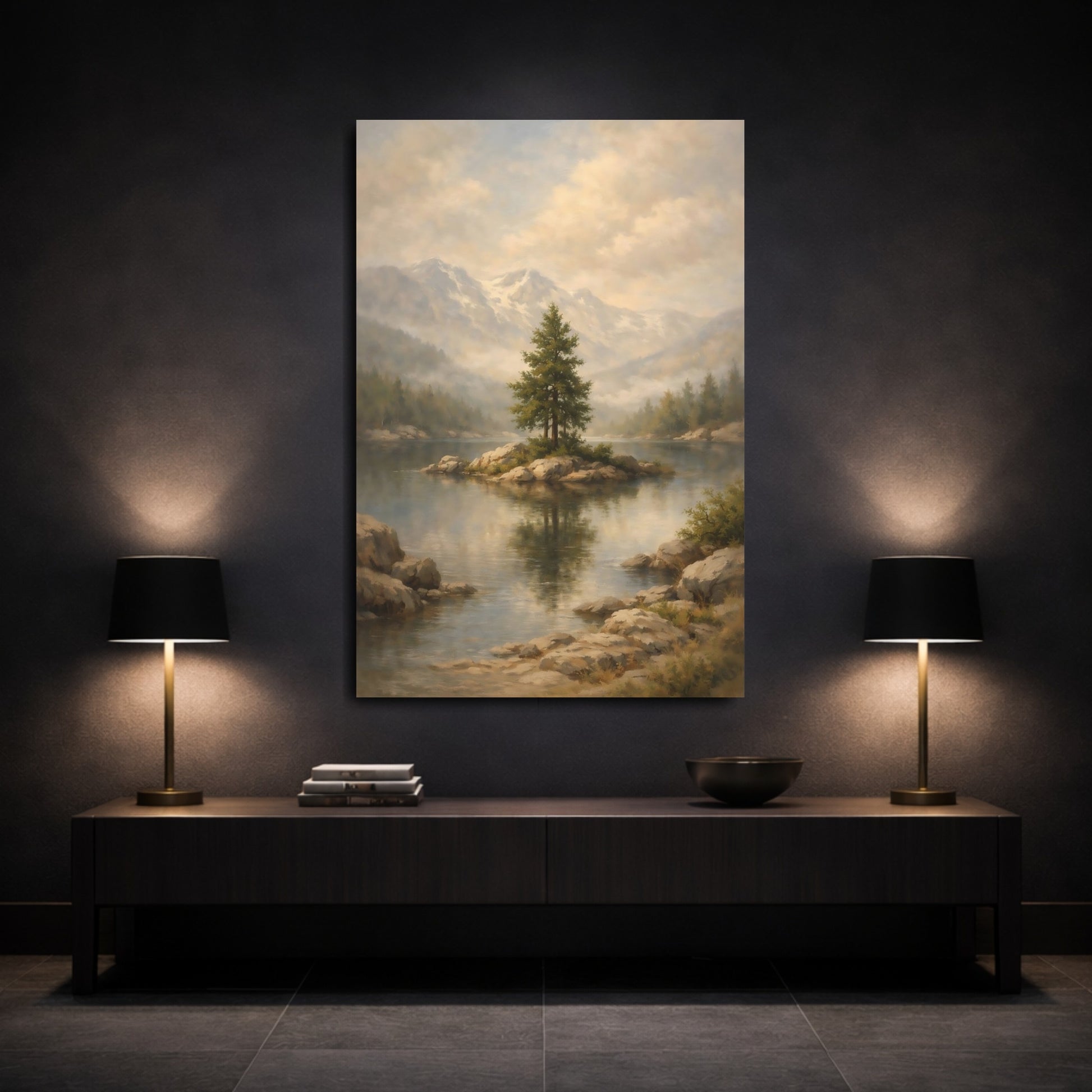 Mockup 2. Nature Pine Tree Misty Mountain Lake shown as stretched canvas wall art
