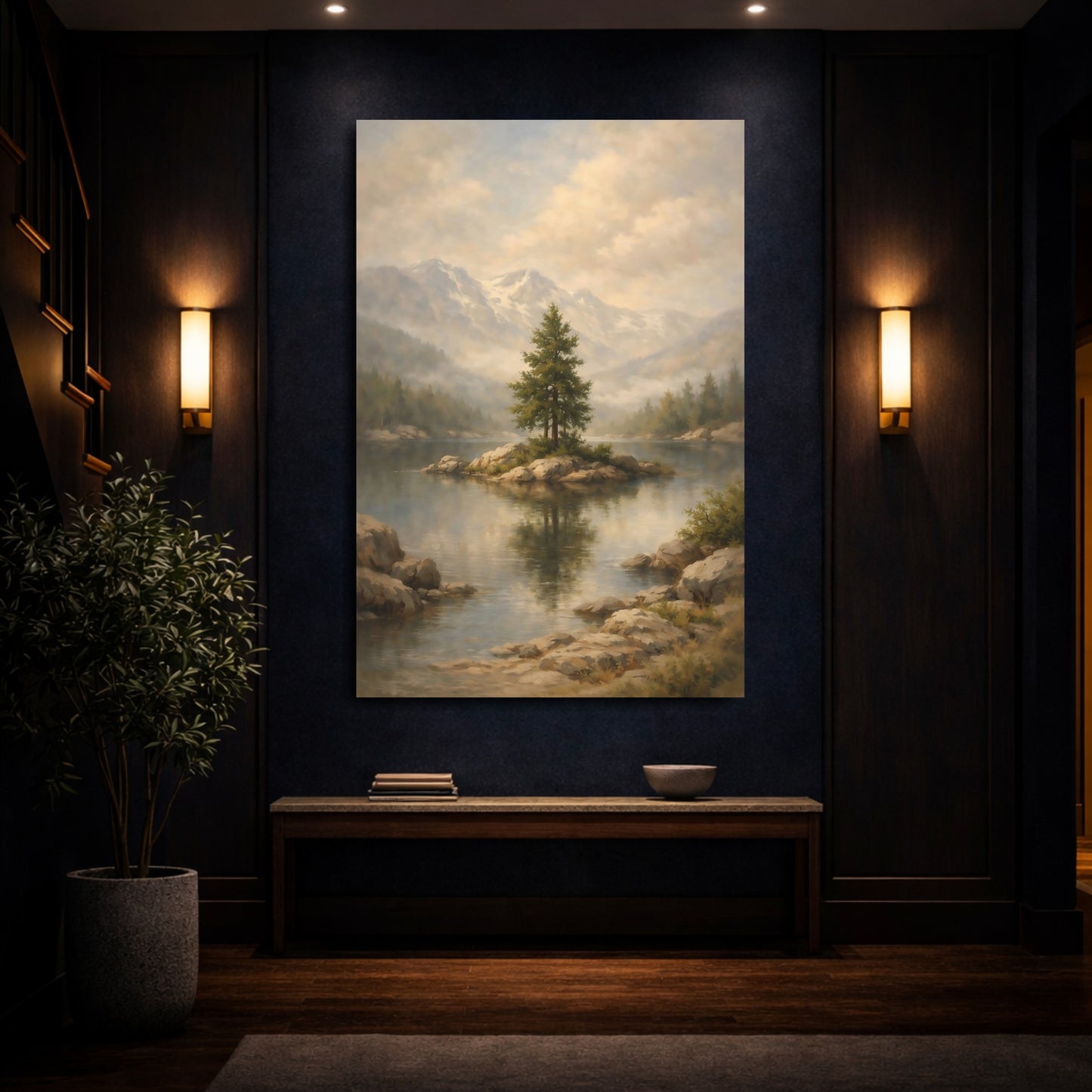 Mockup 3. Nature Pine Tree Misty Mountain Lake shown as stretched canvas wall art