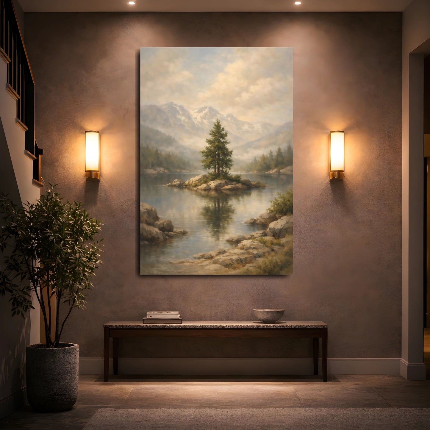 Mockup 4. Nature Pine Tree Misty Mountain Lake shown as stretched canvas wall art