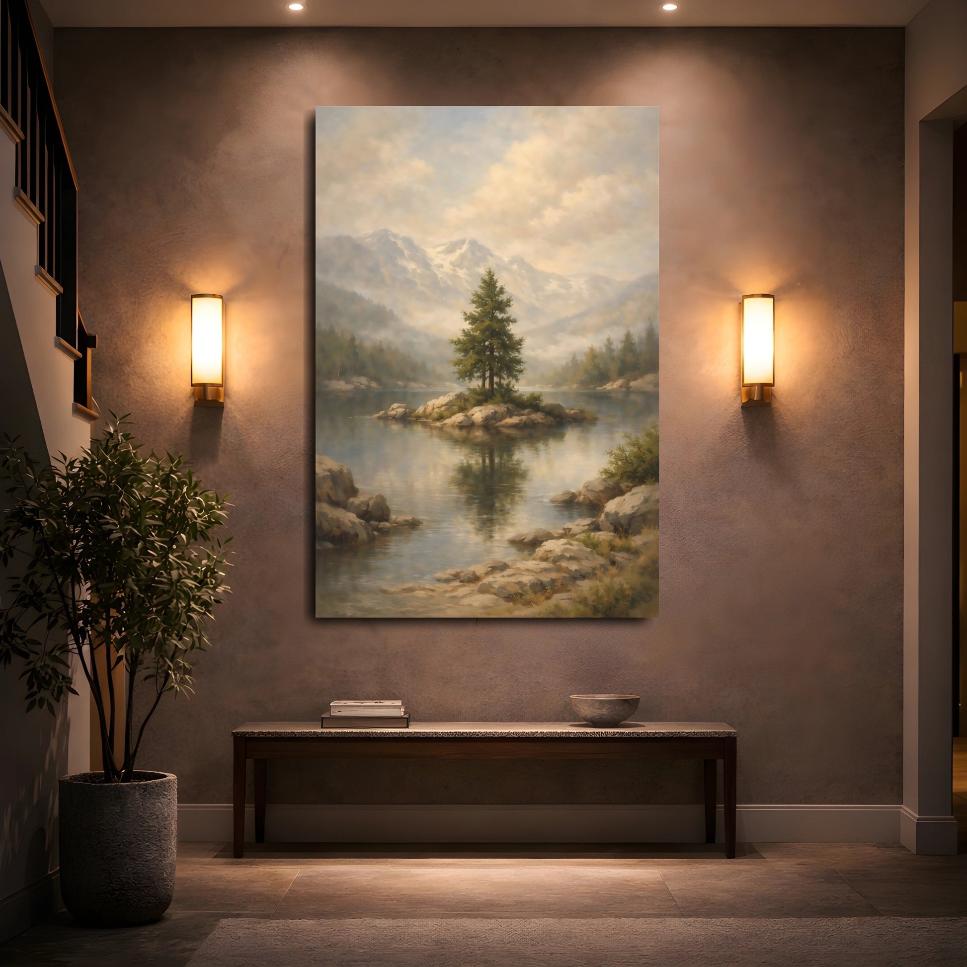 Mockup 4. Nature Pine Tree Misty Mountain Lake shown as stretched canvas wall art