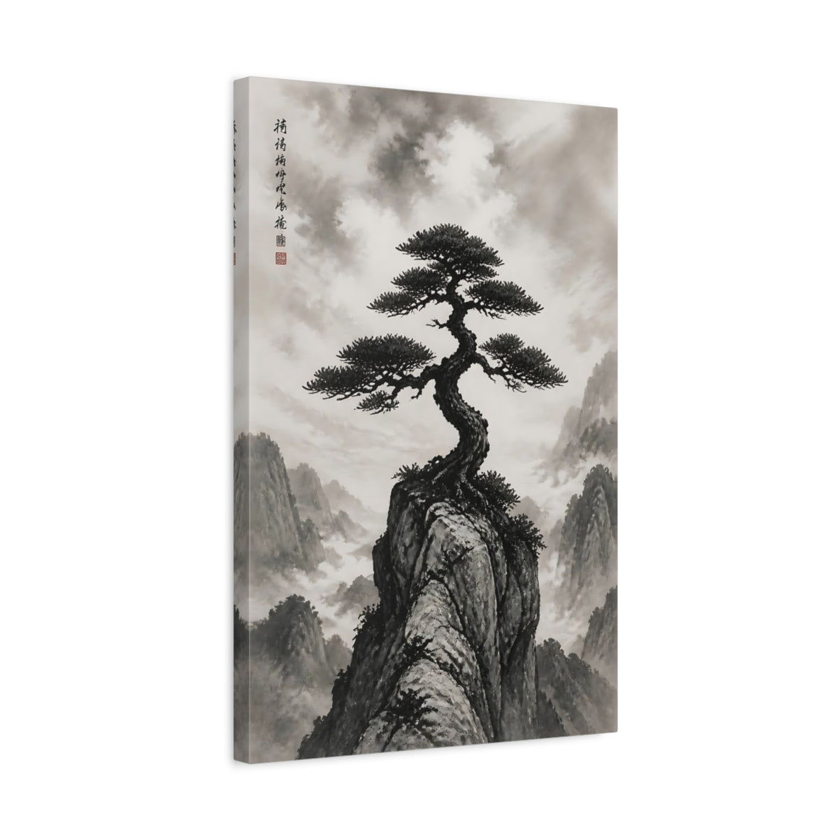 Side Mockup 3. Nature Pine Tree Monochrome Landscape shown as stretched canvas wall art