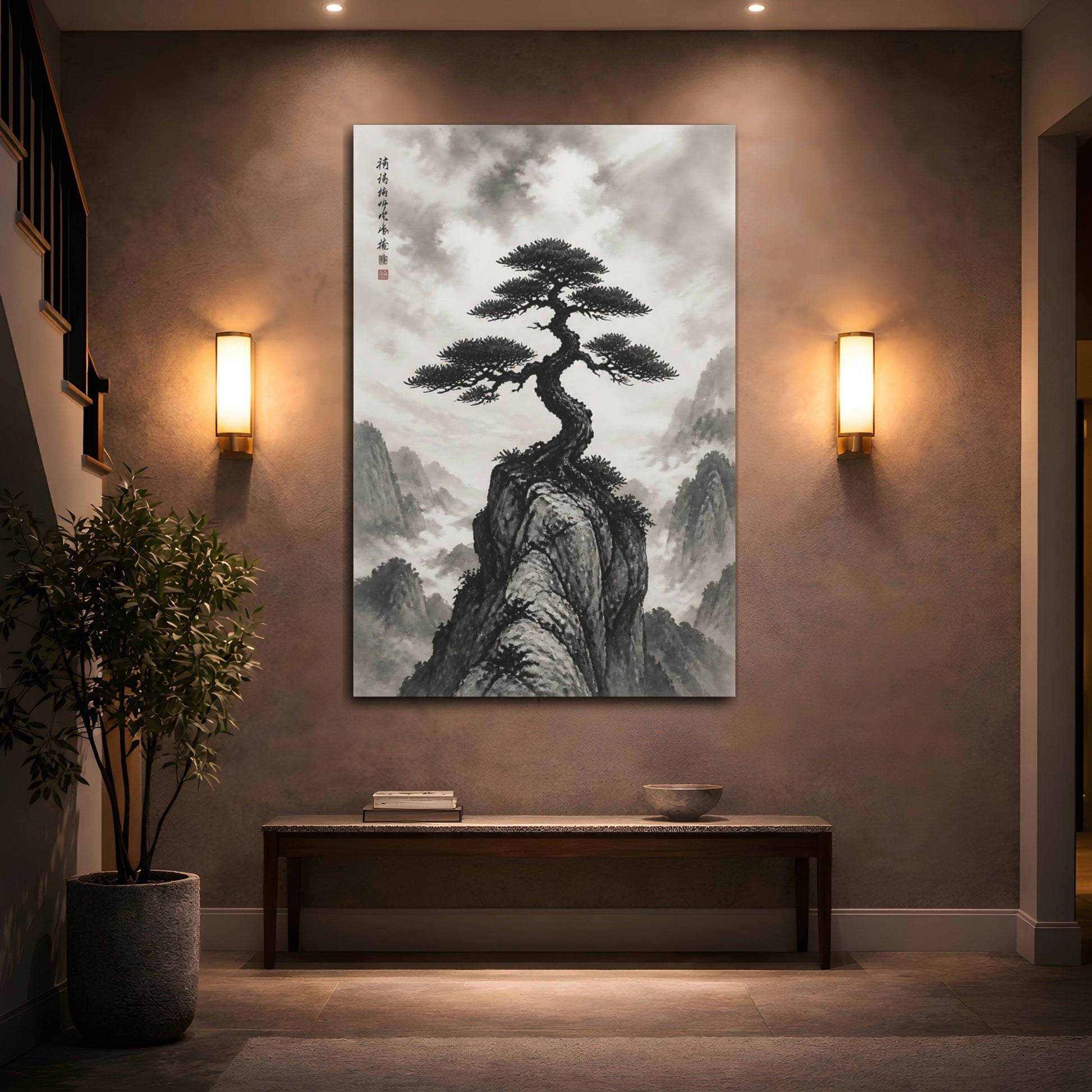 Mockup 2. Nature Pine Tree Monochrome Landscape shown as stretched canvas wall art