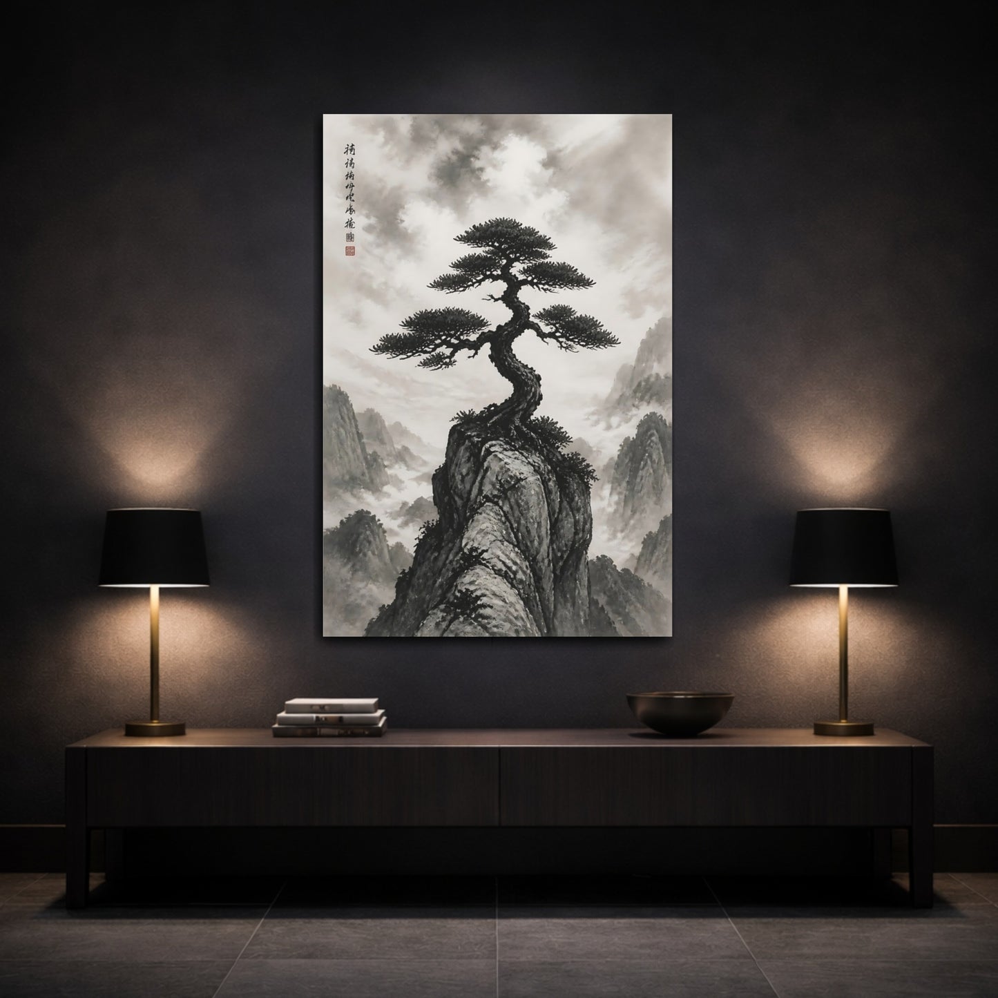 Mockup 3. Nature Pine Tree Monochrome Landscape shown as stretched canvas wall art