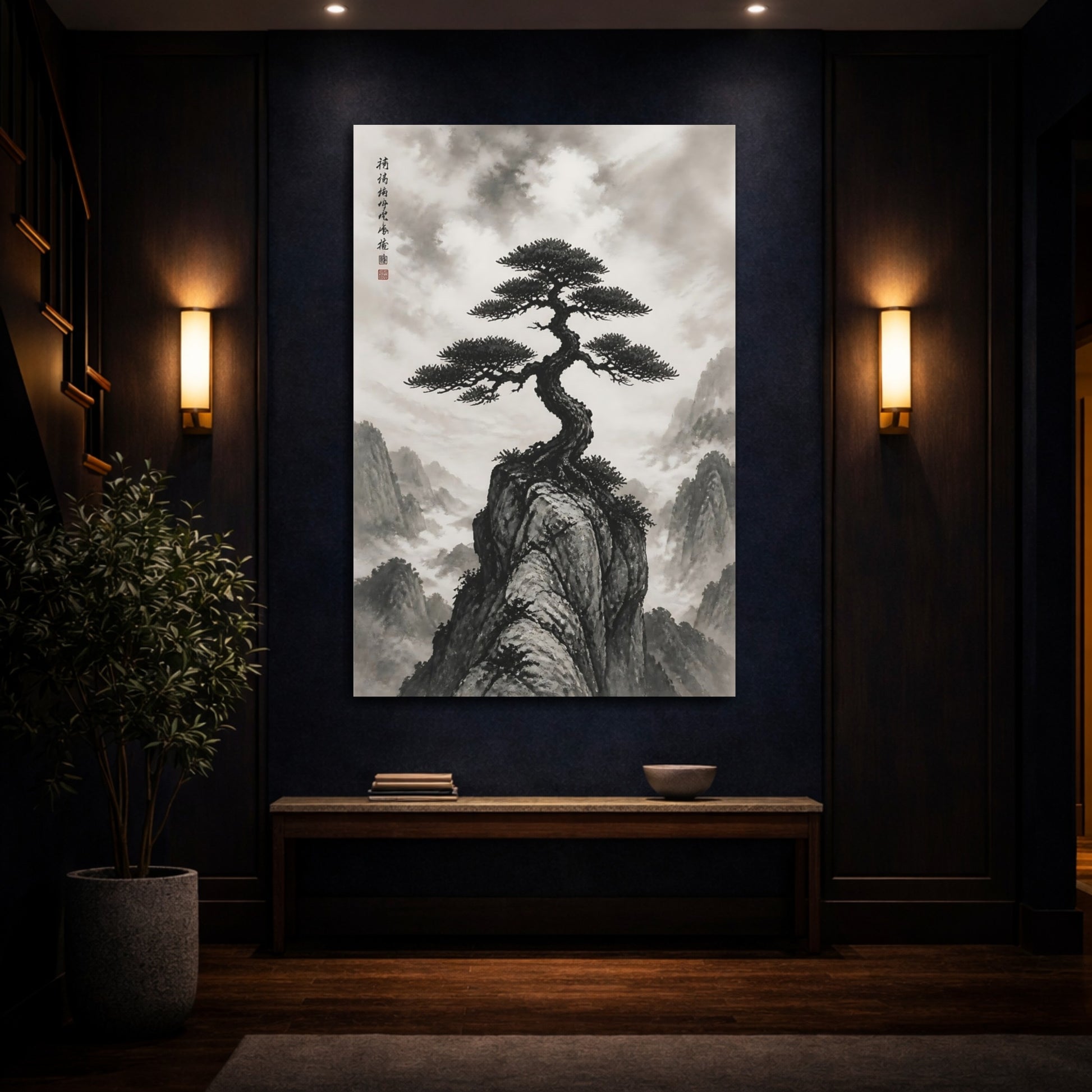 Mockup 4. Nature Pine Tree Monochrome Landscape shown as stretched canvas wall art