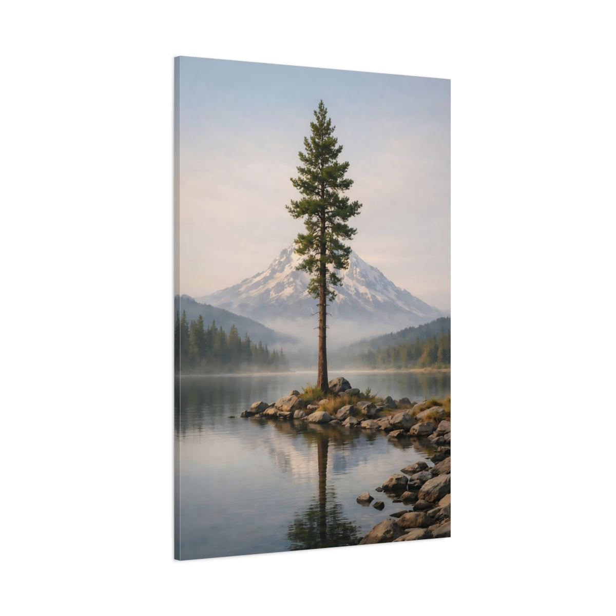 Main Mockup. Nature Pine Tree Mountain Lake Landscape shown as stretched canvas wall art