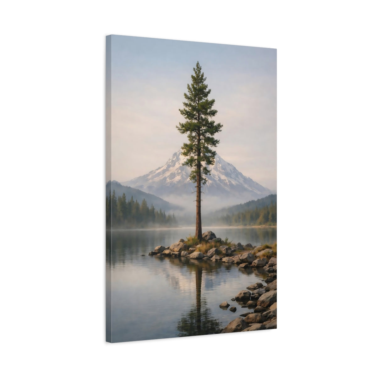 Side Mockup 2. Nature Pine Tree Mountain Lake Landscape shown as stretched canvas wall art