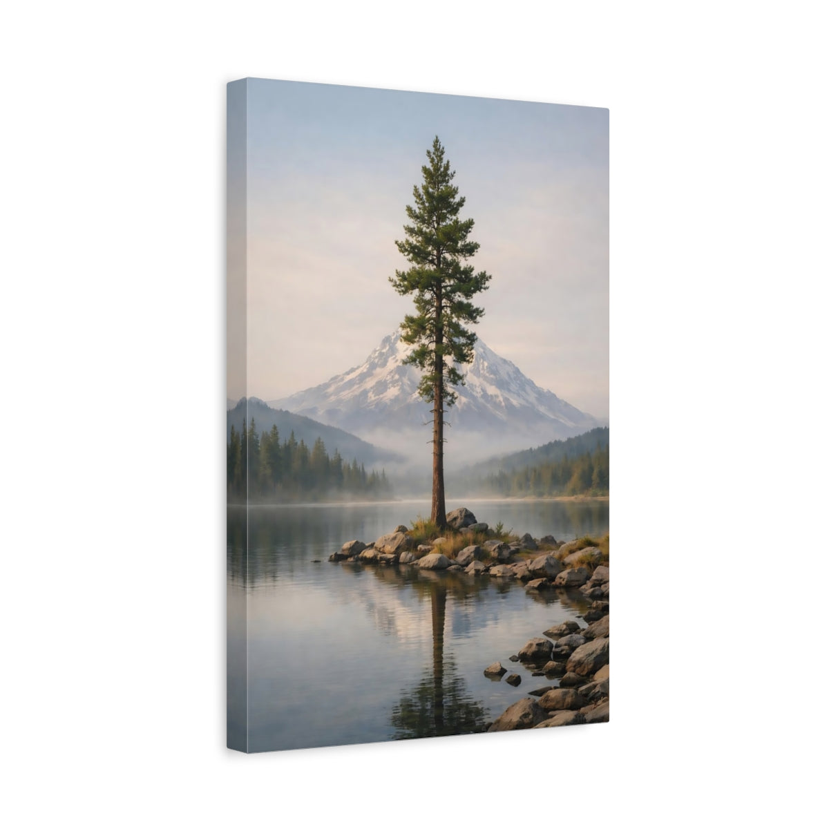 Side Mockup 4. Nature Pine Tree Mountain Lake Landscape shown as stretched canvas wall art