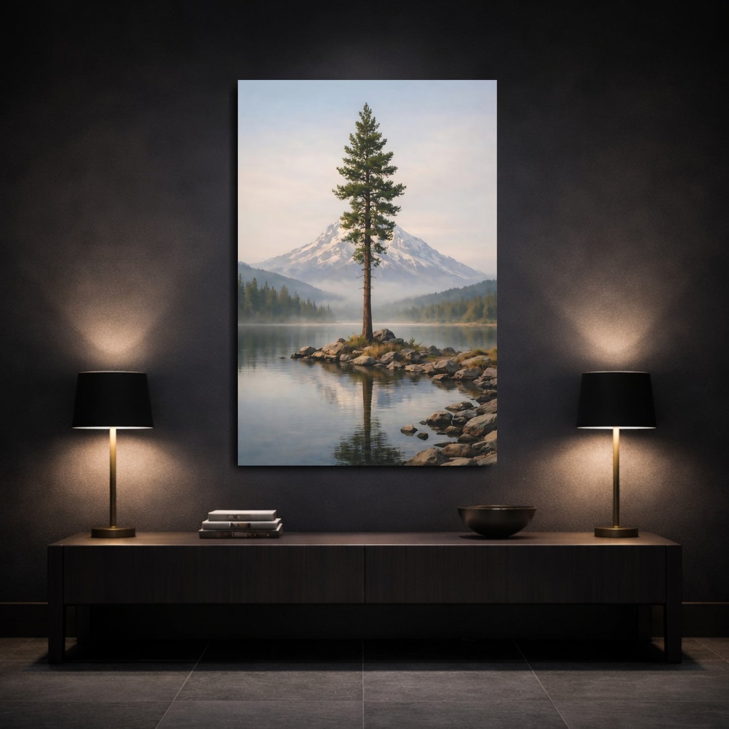 Mockup 2. Nature Pine Tree Mountain Lake Landscape shown as stretched canvas wall art