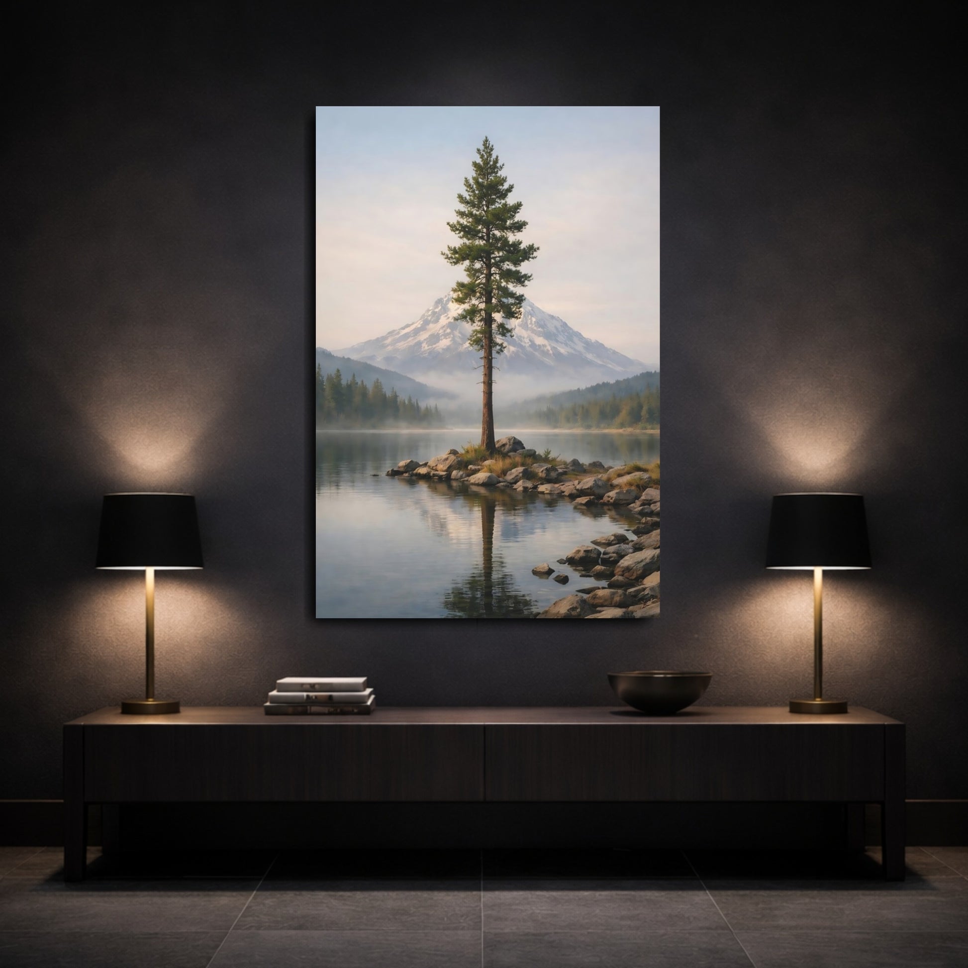 Mockup 2. Nature Pine Tree Mountain Lake Landscape shown as stretched canvas wall art