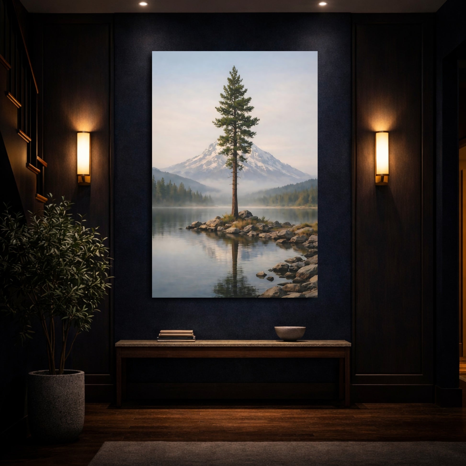 Mockup 3. Nature Pine Tree Mountain Lake Landscape shown as stretched canvas wall art