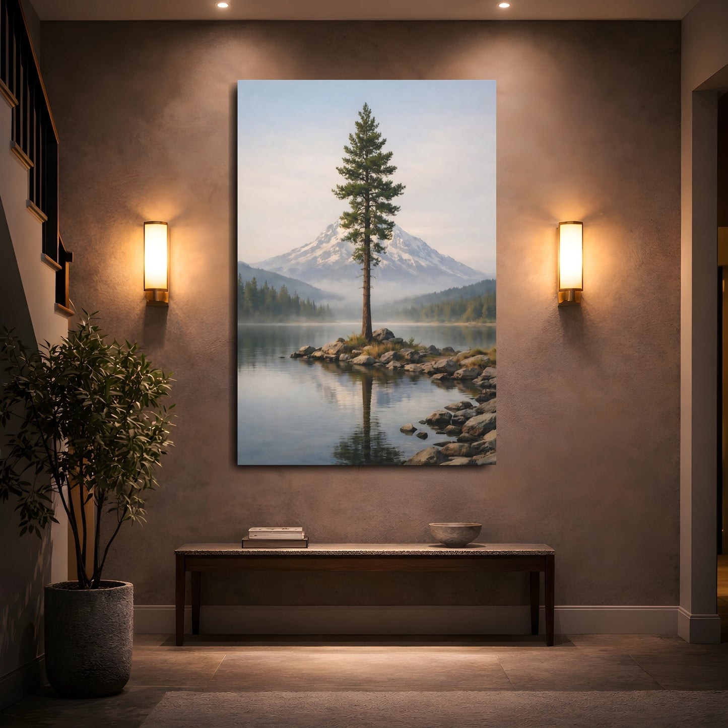 Mockup 4. Nature Pine Tree Mountain Lake Landscape shown as stretched canvas wall art