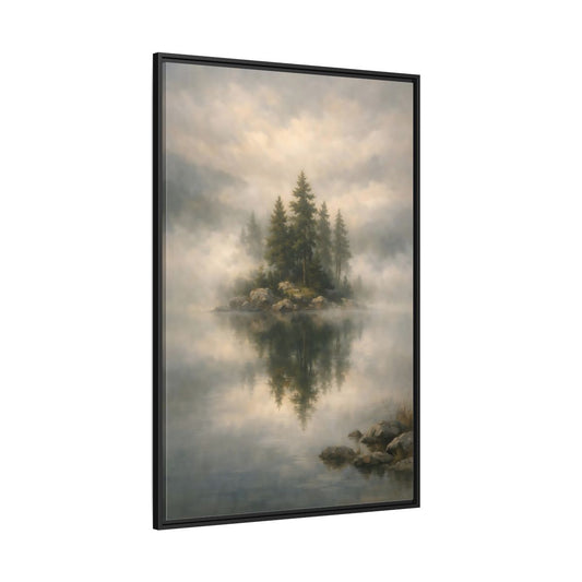 Main Mockup. Nature Pine Trees Green And Gray shown as stretched canvas wall art