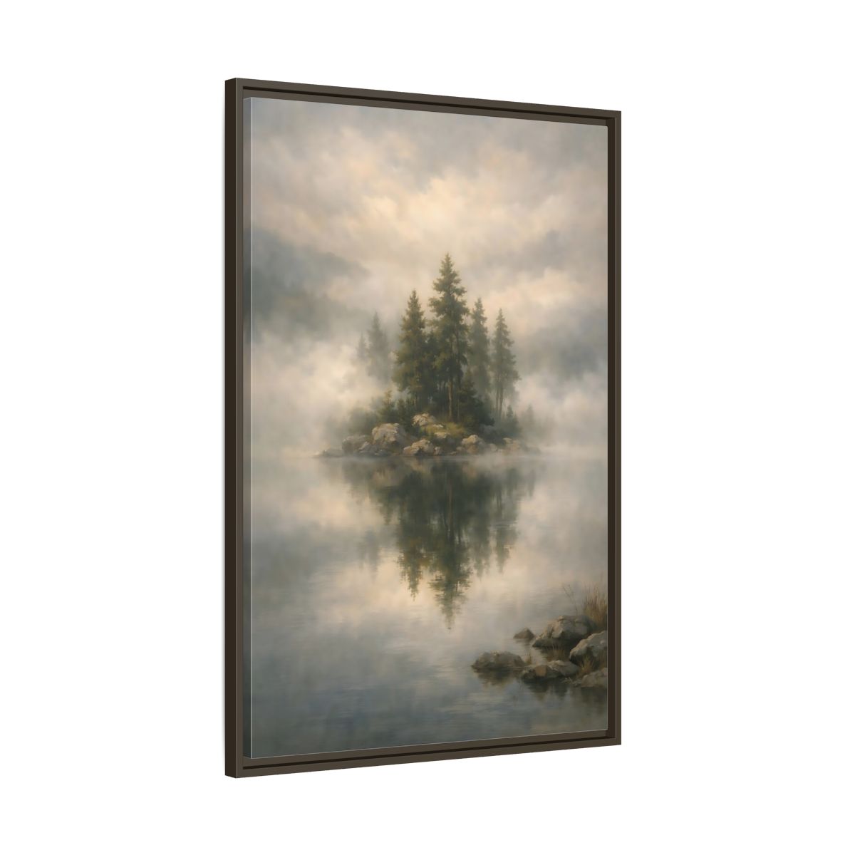 Side Mockup 10. Nature Pine Trees Green And Gray shown as stretched canvas wall art