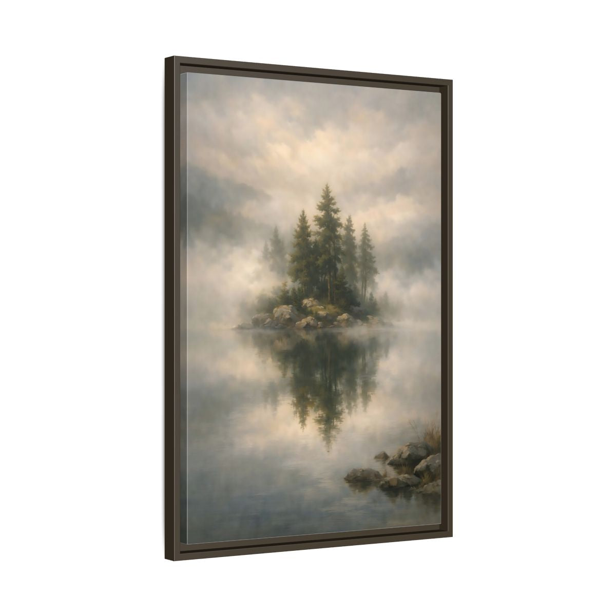 Side Mockup 12. Nature Pine Trees Green And Gray shown as stretched canvas wall art