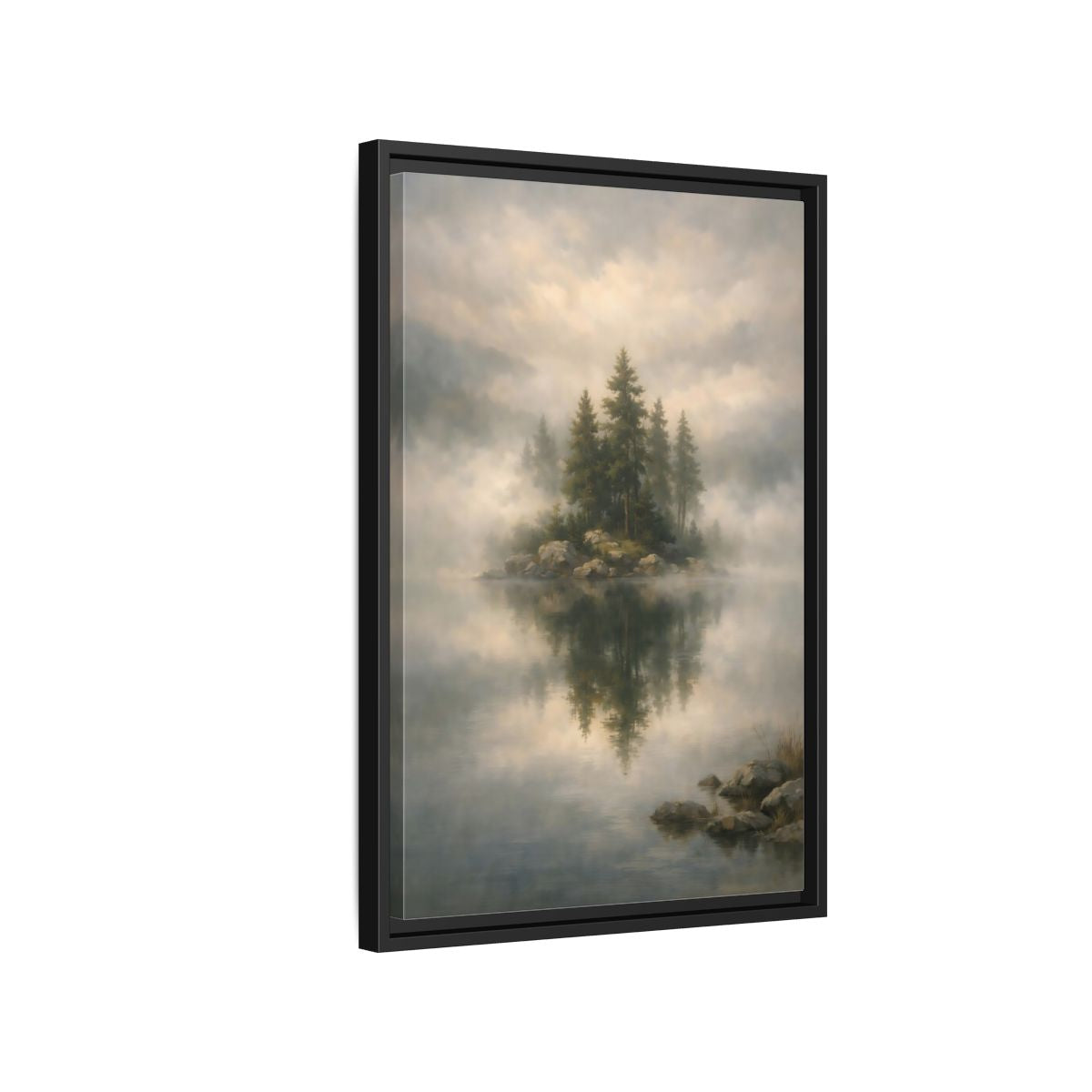 Side Mockup 3. Nature Pine Trees Green And Gray shown as stretched canvas wall art