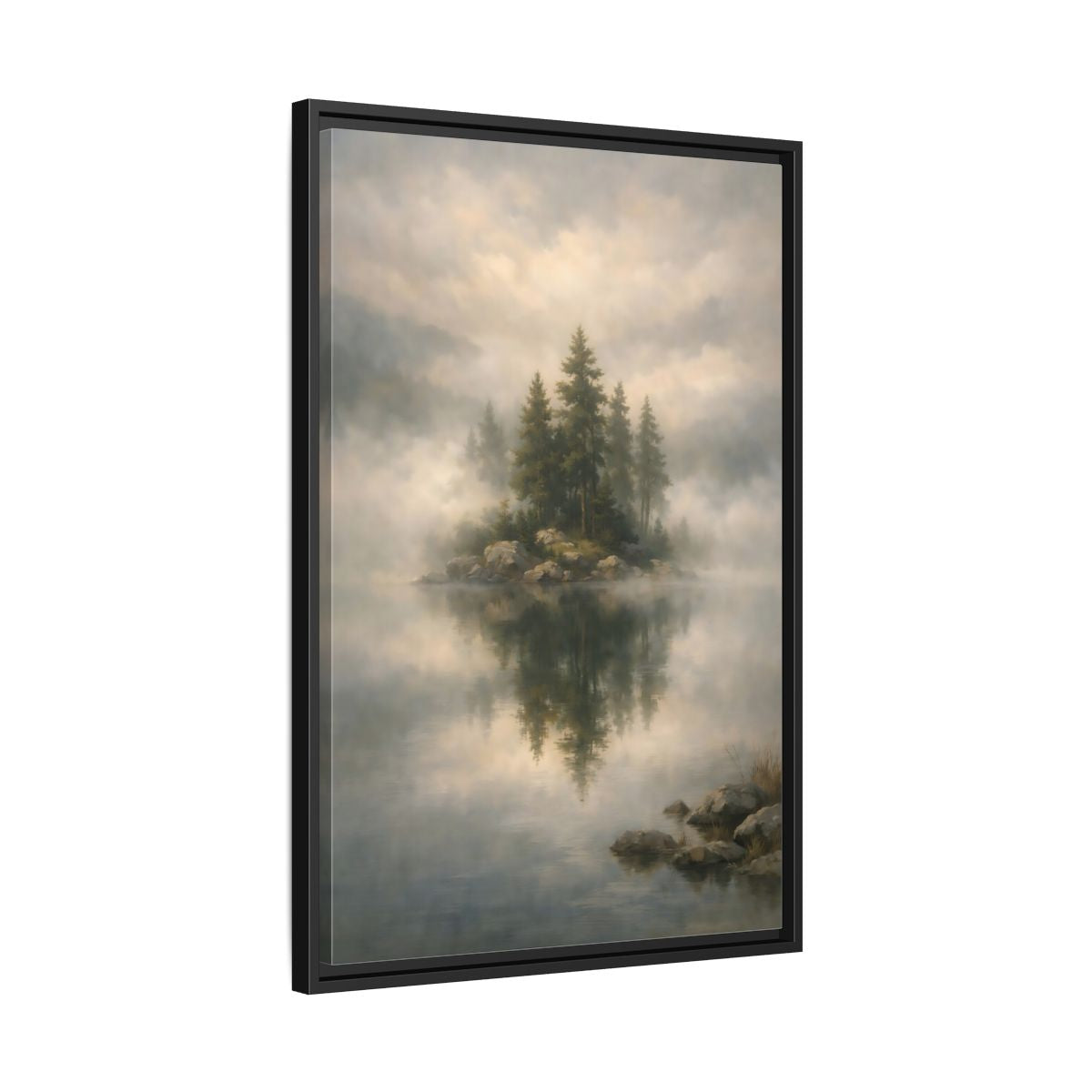 Side Mockup 14. Nature Pine Trees Green And Gray shown as stretched canvas wall art