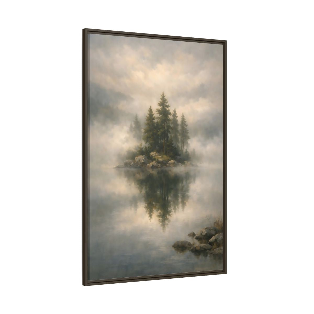 Side Mockup 8. Nature Pine Trees Green And Gray shown as stretched canvas wall art