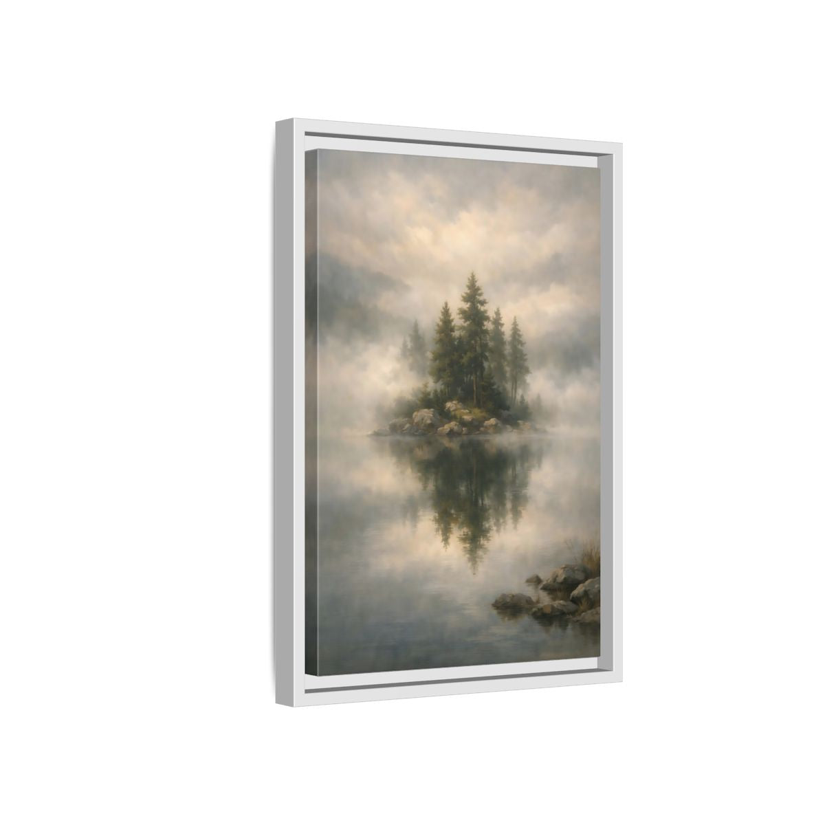 Side Mockup 4. Nature Pine Trees Green And Gray shown as stretched canvas wall art