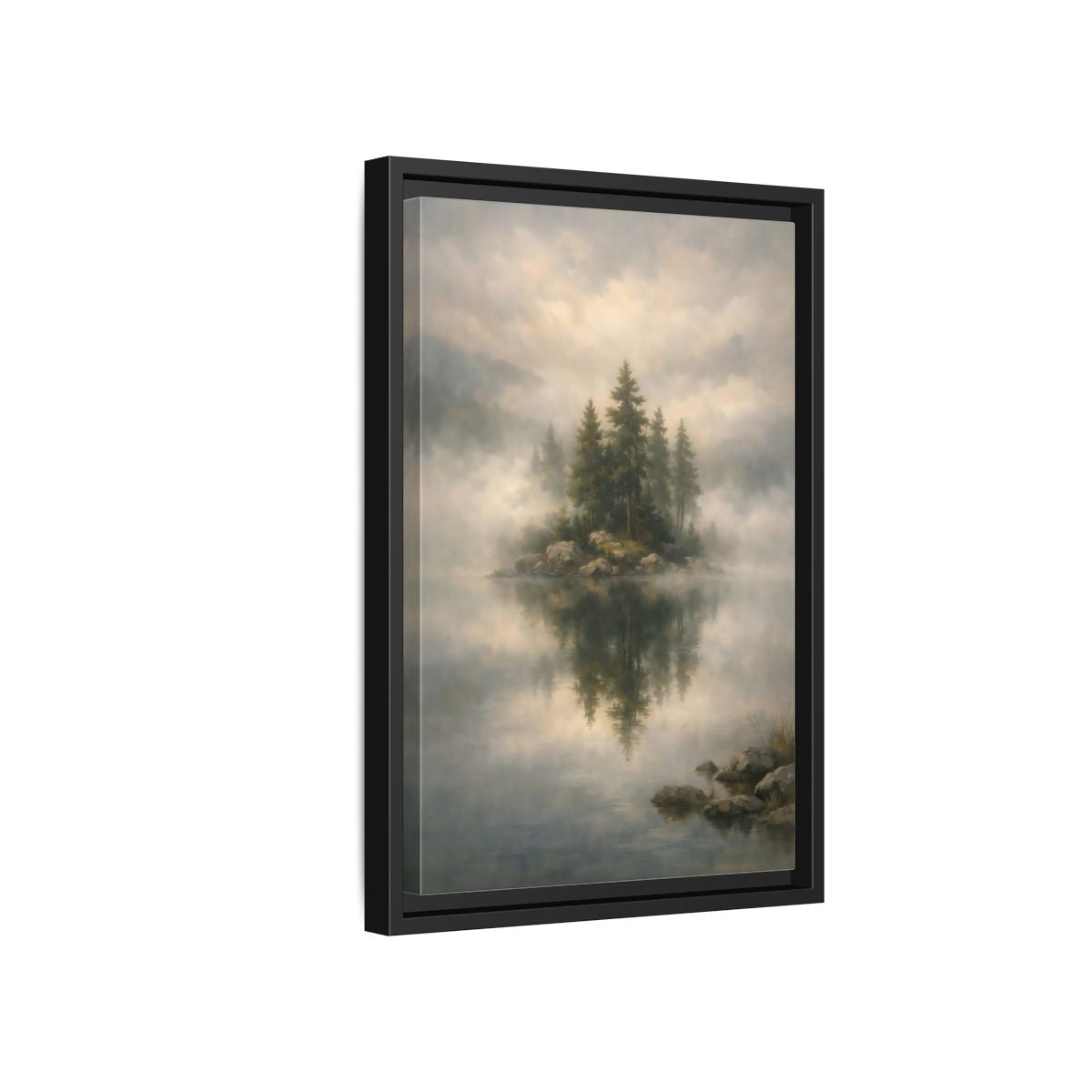 Side Mockup 6. Nature Pine Trees Green And Gray shown as stretched canvas wall art