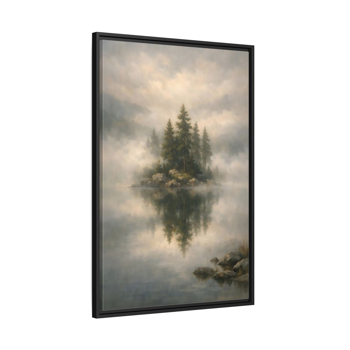 Side Mockup 13. Nature Pine Trees Green And Gray shown as stretched canvas wall art