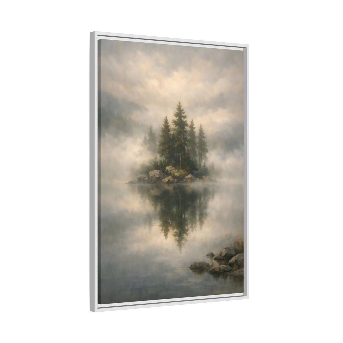 Side Mockup 9. Nature Pine Trees Green And Gray shown as stretched canvas wall art