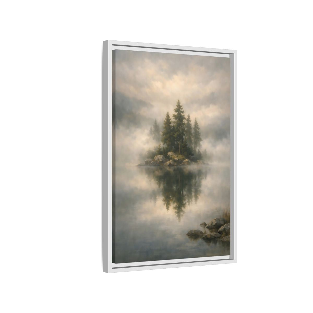 Side Mockup 1. Nature Pine Trees Green And Gray shown as stretched canvas wall art