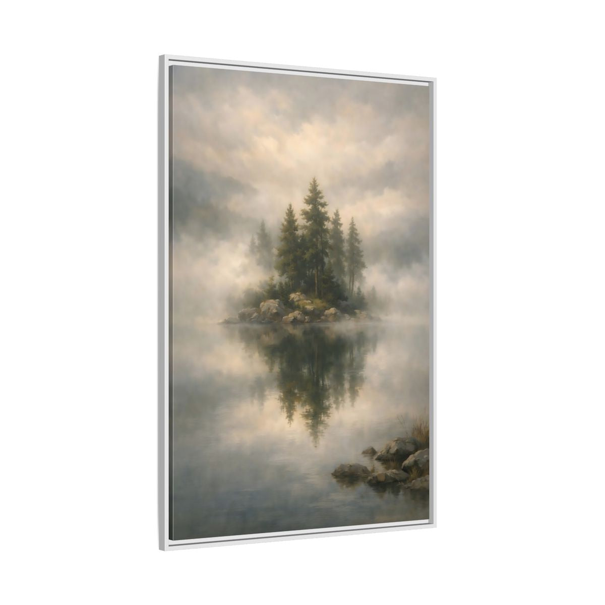 Side Mockup 7. Nature Pine Trees Green And Gray shown as stretched canvas wall art
