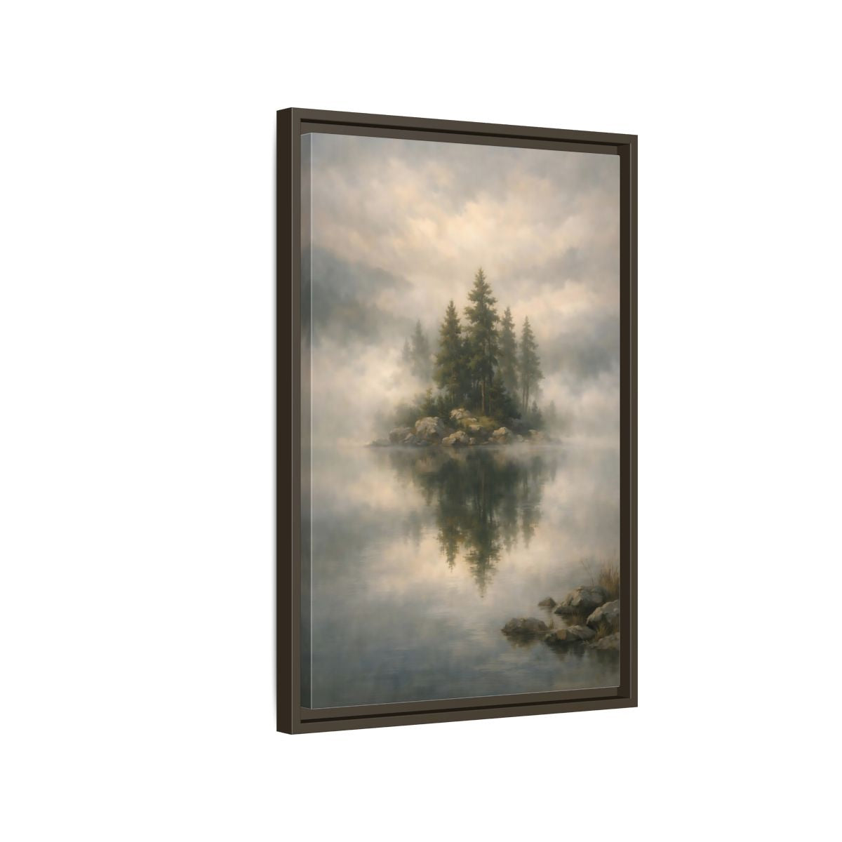 Side Mockup 2. Nature Pine Trees Green And Gray shown as stretched canvas wall art