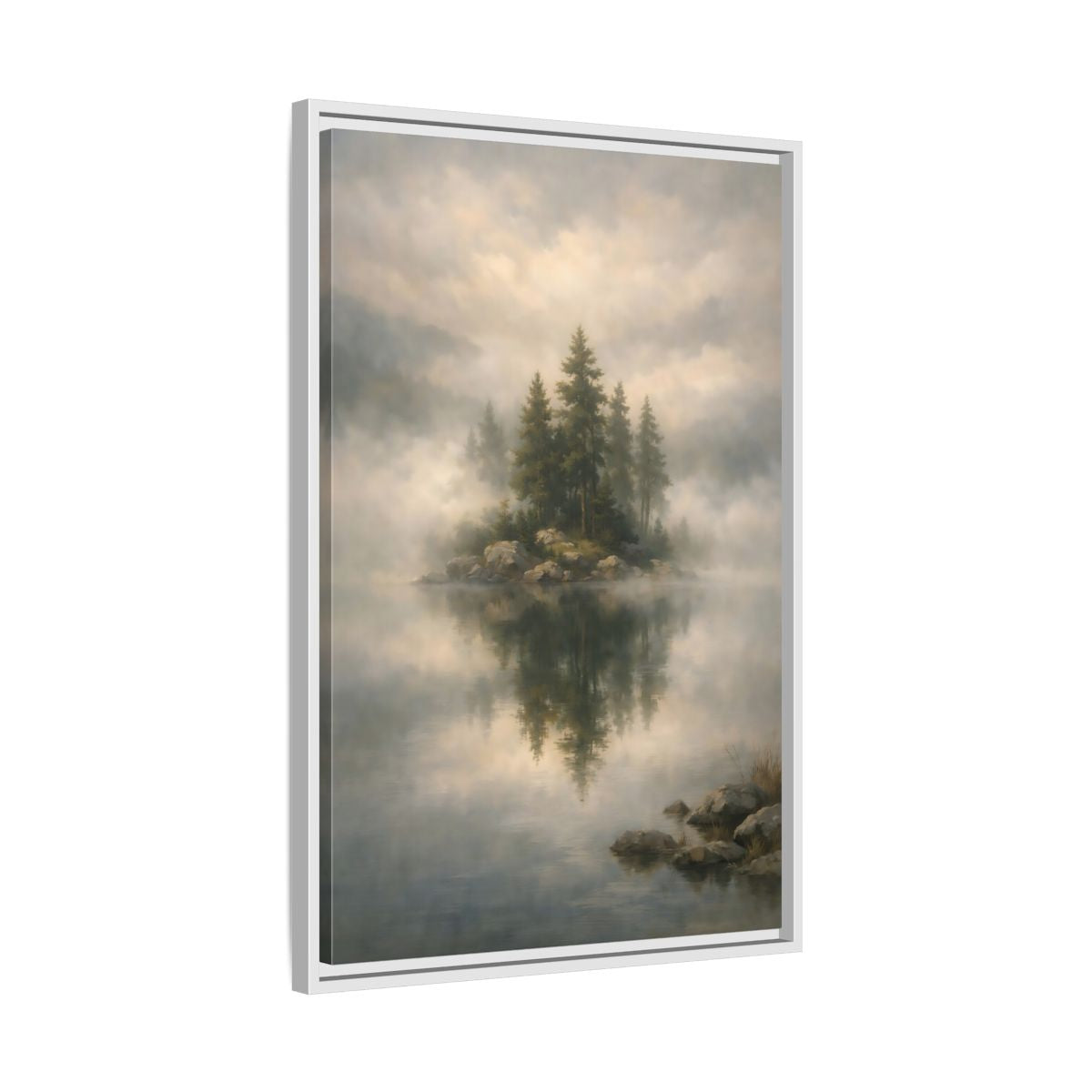 Side Mockup 11. Nature Pine Trees Green And Gray shown as stretched canvas wall art