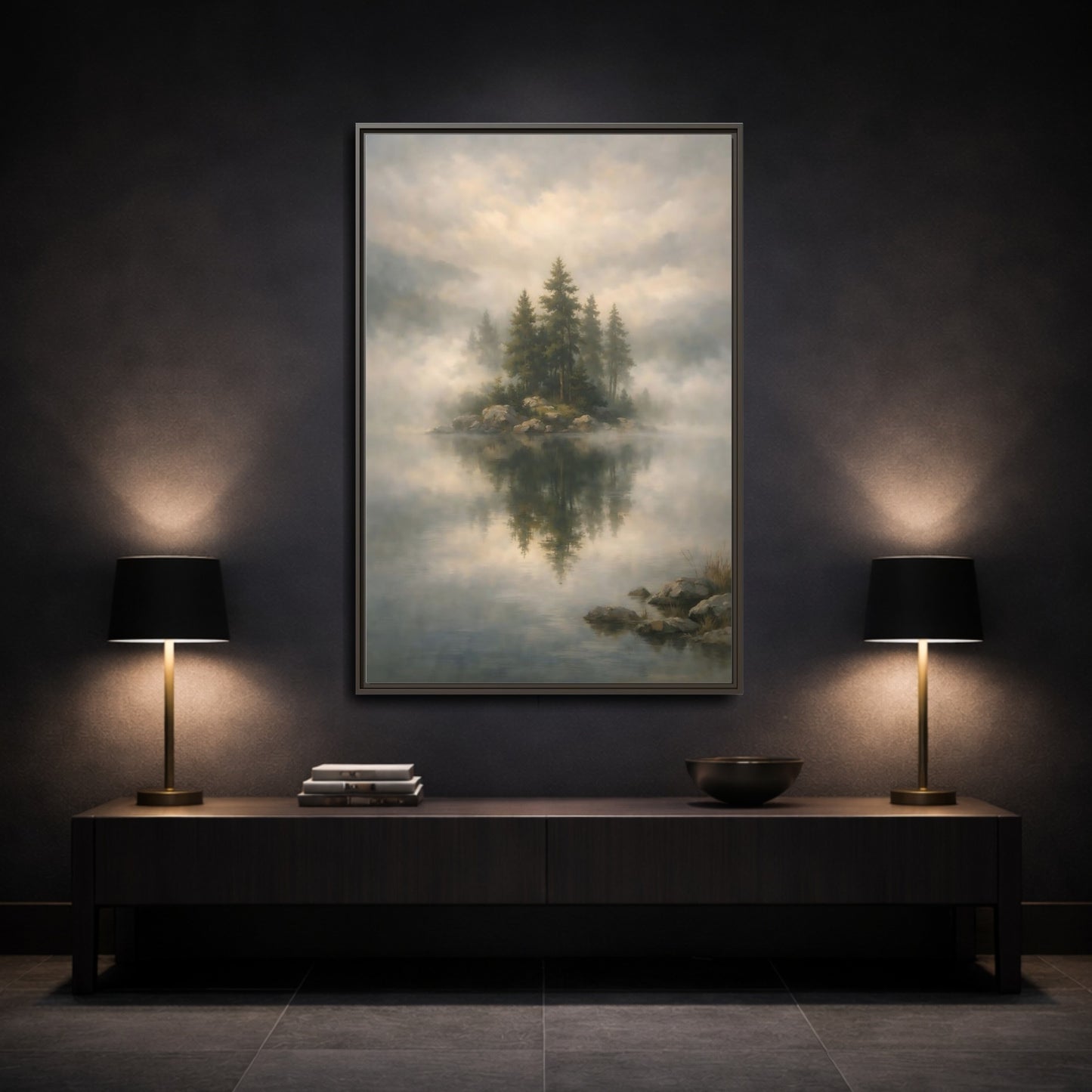 Mockup 2. Nature Pine Trees Green And Gray shown as stretched canvas wall art