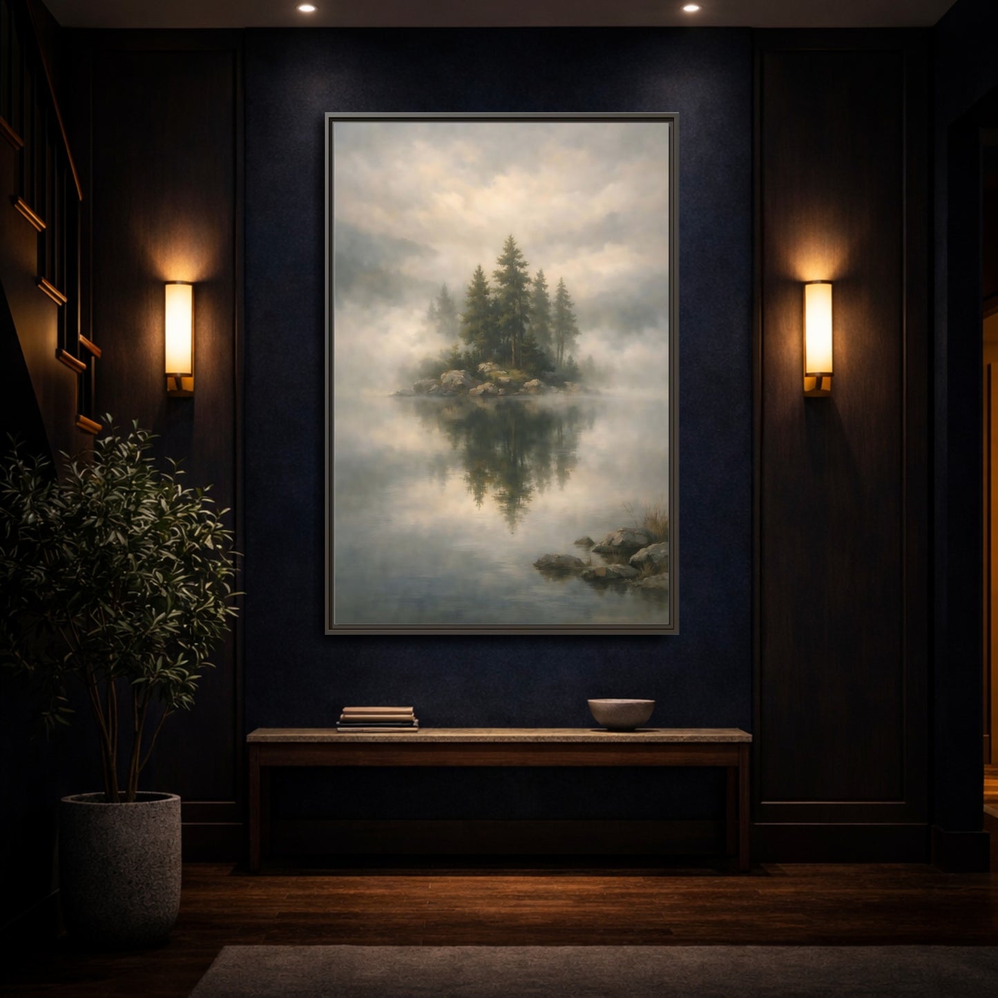 Mockup 3. Nature Pine Trees Green And Gray shown as stretched canvas wall art
