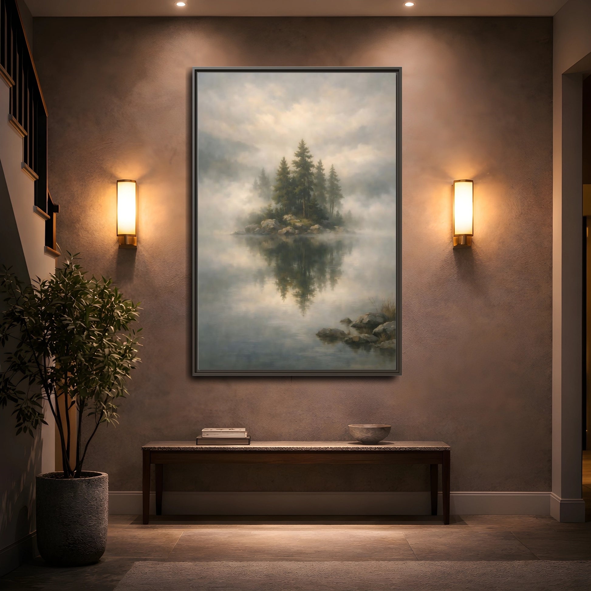 Mockup 4. Nature Pine Trees Green And Gray shown as stretched canvas wall art