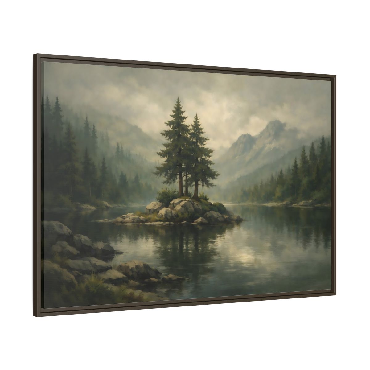 Main Mockup. Nature Pine Trees Green Gray Landscape shown as stretched canvas wall art