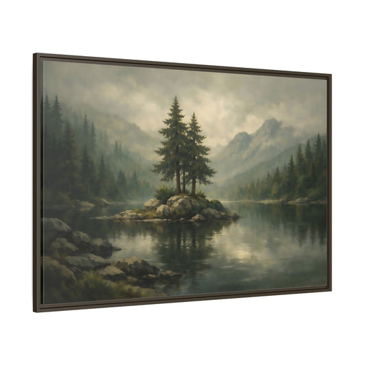 Main Mockup. Nature Pine Trees Green Gray Landscape shown as stretched canvas wall art