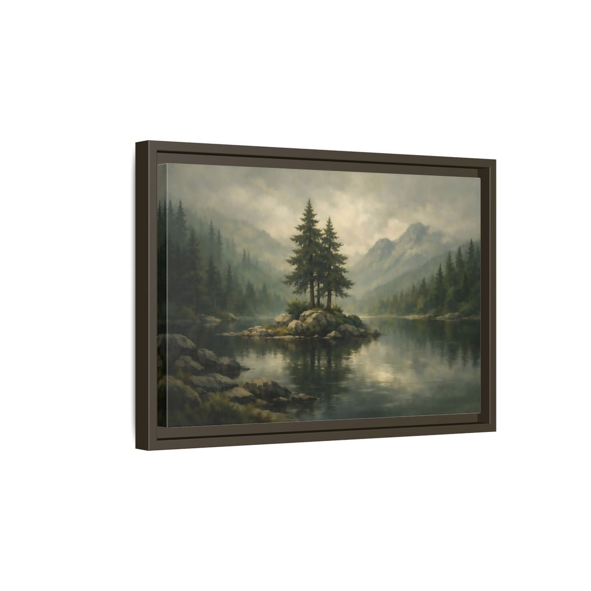 Side Mockup 5. Nature Pine Trees Green Gray Landscape shown as stretched canvas wall art