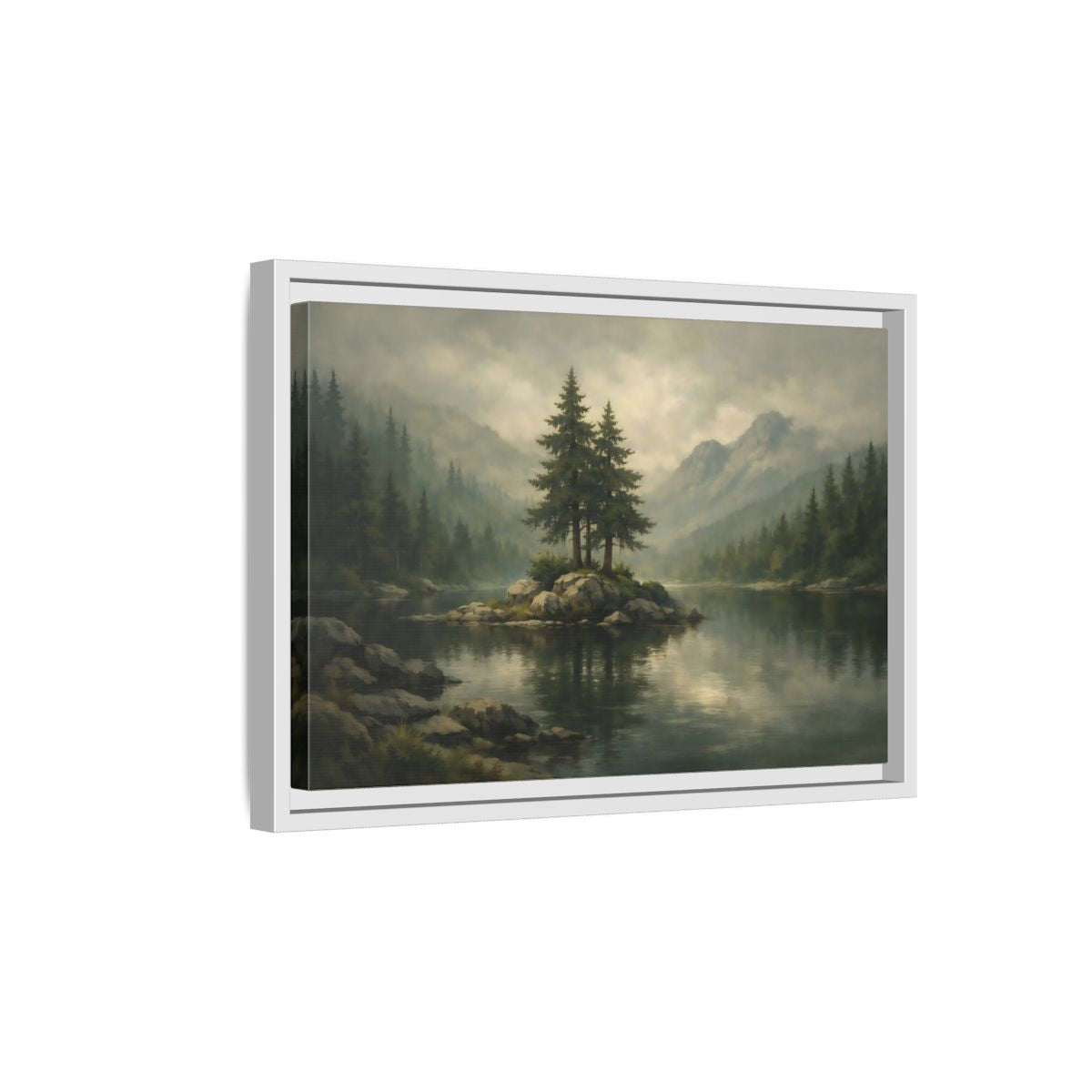 Side Mockup 4. Nature Pine Trees Green Gray Landscape shown as stretched canvas wall art