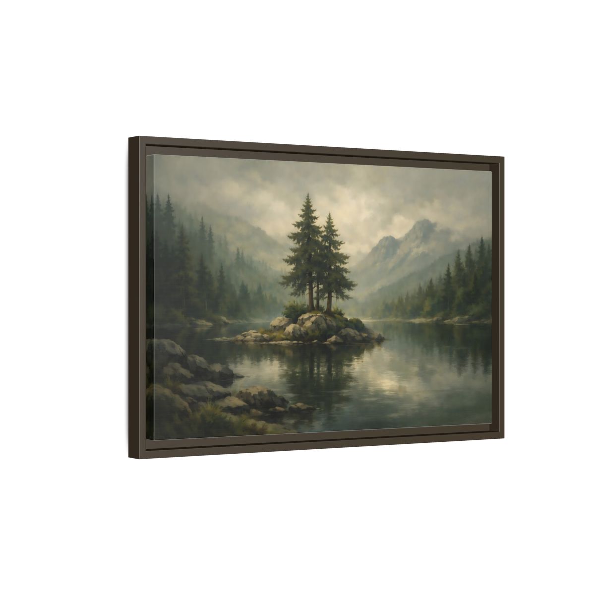 Side Mockup 2. Nature Pine Trees Green Gray Landscape shown as stretched canvas wall art