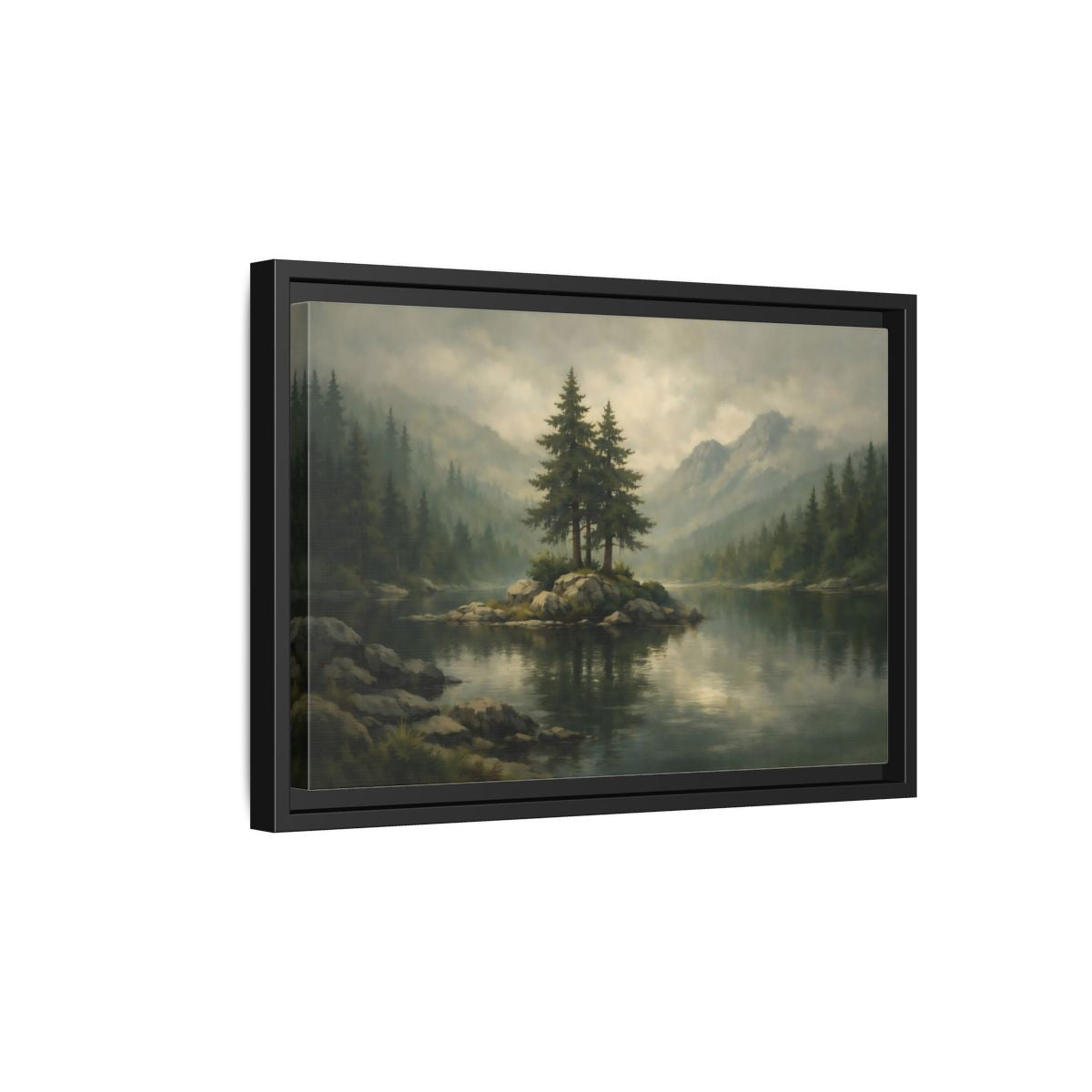 Side Mockup 6. Nature Pine Trees Green Gray Landscape shown as stretched canvas wall art