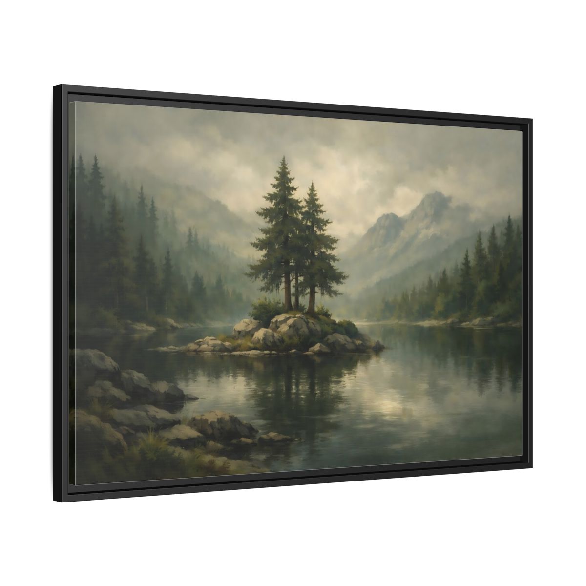 Side Mockup 13. Nature Pine Trees Green Gray Landscape shown as stretched canvas wall art